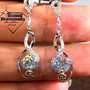 14K White Gold on 925 Silver 3.0 Ct. Clear Round Cut White Diamond Earrings